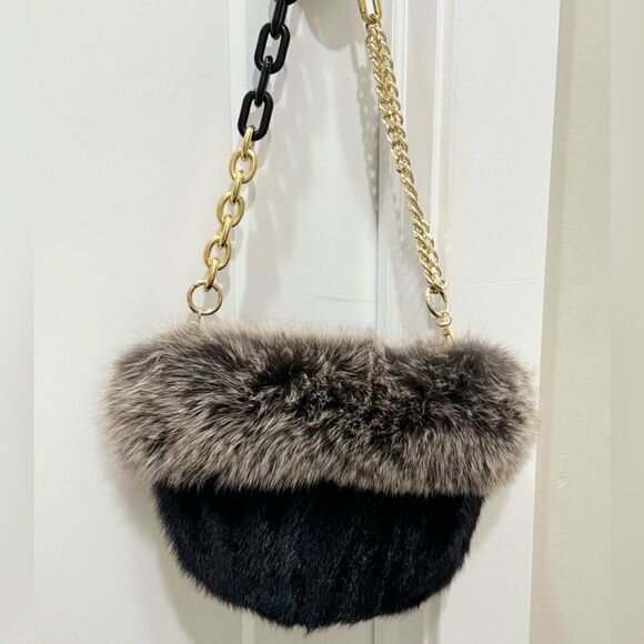 Colorblock Handmade Real Mink Fur & Fox Fur Removable leather Handles Bag - Picture 5 of 14